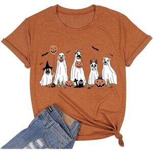 Women's Brown Cotton Blend Halloween Ghost Retro Spooky Short Sleeve T Shirt
